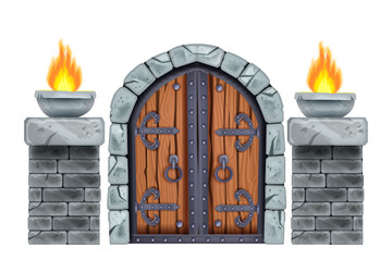 Castle wooden gate, vector medieval dungeon entrance, stone arch, brick pillars, fire, iron handle. Vintage palace portal, old closed double door, architecture game element. Castle gate clipart