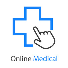 Poster - Logotipo con texto Online Medical con cruz y mano como cursor de mouse con lineas en color azul y gris