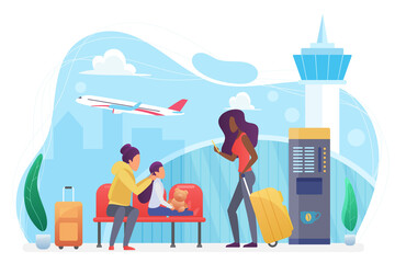 Airline transportation, people tourists wait flight in modern airport vector illustration. Cartoon family characters travel, waiting in lobby terminal hall with coffee machine isolated on white