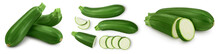 Fresh Whole Zucchini Isolated On White Background With Clipping Path And Full Depth Of Field. Set Or Collection