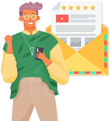 Poster - Girl with smartphone receives email. Online chatting and communication concept. Smiling woman with phone stands on background of envelope with letter. Female character sending email via internet