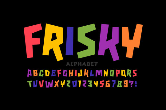 Playful style font design, colorful childish frisky alphabet, letters and numbers vector illustration