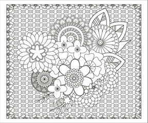 Outline round flower pattern in mehndi style for coloring book page. Antistress for adults and children. Doodle ornament in black and white. Hand draw vector illustration.