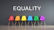 LGBT talk. Several chairs with the colors of the rainbow and the word equality on the wall. 