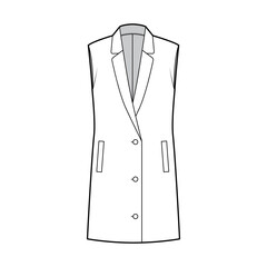 Wall Mural - Sleeveless jacket lapelled vest waistcoat technical fashion illustration with button-up closure, pockets, oversized. Flat template front, white color style. Women, men unisex top CAD mockup
