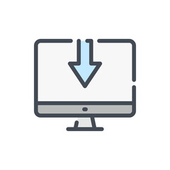 Fototapete - Download to computer color line icon. PC with arrow down vector outline colorful sign.