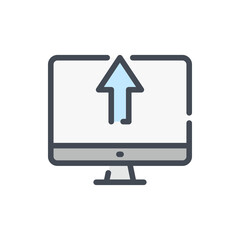 Fototapete - Upload to computer color line icon. PC with arrow up vector outline colorful sign.
