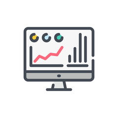 Fototapete - Online statistics and analytics color line icon. Computer with chart, graph and data report vector outline colorful sign.