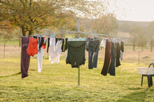 Australian Backyard Featuring Hills Hoist Clothes Line Full Of Clean Washing