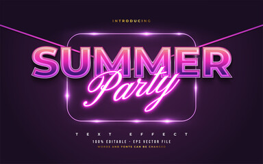 Wall Mural - summer party text in colorful retro style and glowing neon effect. editable text style effect
