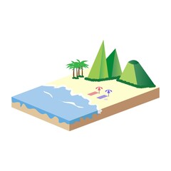 2.5D sandy beach vector design with the green hill concept, Sandy beach vector with 2.5D shaped landscape, Beach with blue sea in the summertime.