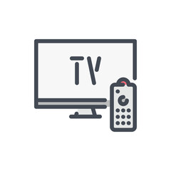 Fototapete - TV monitor with color line icon. Television with remote control vector outline colorful sign.