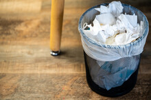 Closeup Of A Trash Bin Full Of Tissue Papers Used For Makeup