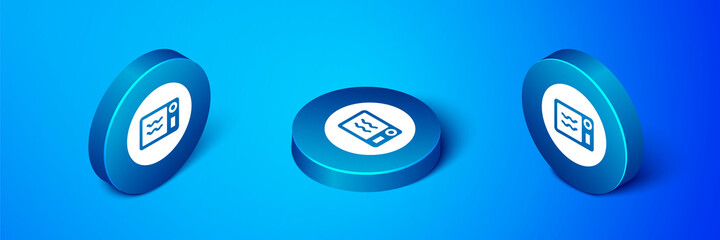 Canvas Print - Isometric Microwave oven icon isolated on blue background. Home appliances icon. Can be heated in microwave. Blue circle button. Vector