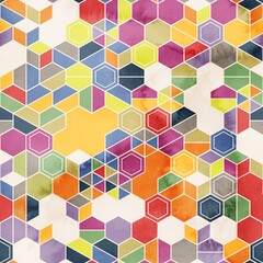 Seamless pattern of hexagons in random colors in watercolor. High quality illustration. Tile mosaic arrangement of triangles, trapezoids, and hexagons, in honeycomb arrangement. Design for print.