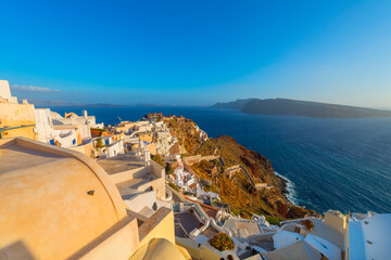 Wall Mural - View to the sea and Volcano from Fira the capital of Santorini island in Greece