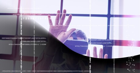 Poster - Data processing over man wearing vr headset against black technology concept