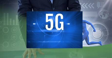 Poster - 5g text on blue banner over mid section of businessman against green technology background