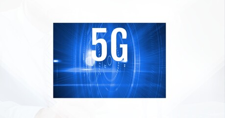 Poster - 5g text over blue round scanners against white background