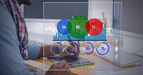 Poster - Digital interface with statistical data processing against mid section of man using graphic tablet