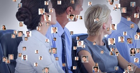 Poster - Network of profile icons against business people in meeting room at office