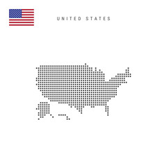 Square dots pattern map of United States. American dotted pixel map with flag. Vector illustration