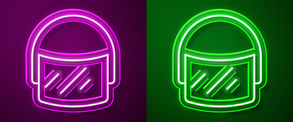 Sticker - Glowing neon line Police helmet icon isolated on purple and green background. Military helmet. Vector