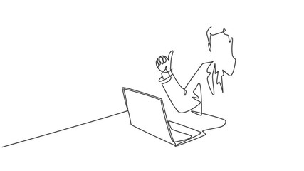 Wall Mural - Animation of one line drawing of young business man giving thumbs up gesture and sitting on office chair. Business management concept. Continuous line self drawing animated. Full length motion.