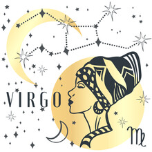 Zodiac Virgo Boho Magical Vintage Distressed Art Symbol Or Label. Horoscope Sign Line Art Silhouette Design Vector Illustration. Creative Decorative Elegant Astrology Zodiac Emblem Template For Logo