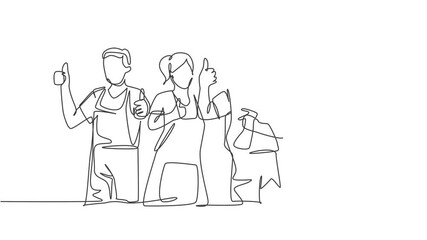 Poster - animation of one line drawing of groups of group male and female janitor giving thumbs up gesture. c