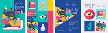 Back To School And Education. Vector Illustration Of Schoolchildren And Students In College And University With Books, Pencils, Microscope And School Objects. Drawings For Poster, Background Or Flyer