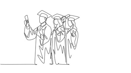 Poster - Animation of one line drawing group of graduate male and female college student and holding diploma certificate paper. Education concept. Continuous line self drawing animated. Full length motion.