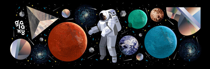 Wall Mural - space, astronaut and galaxy. vector abstract illustrations of planets, mars, sky and geometric shape