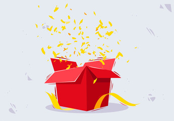 Wall Mural - vector illustration of a golden confetti flying out of an open red gift box with gold ribbons