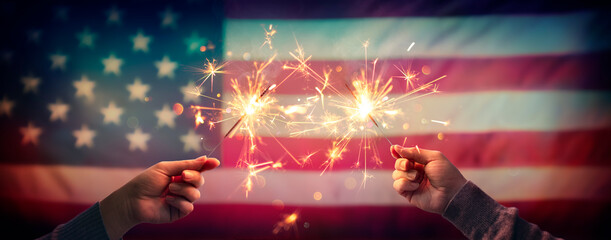 Wall Mural - 4th Of July - Independence Day Celebration With Usa Flag And Sparklers