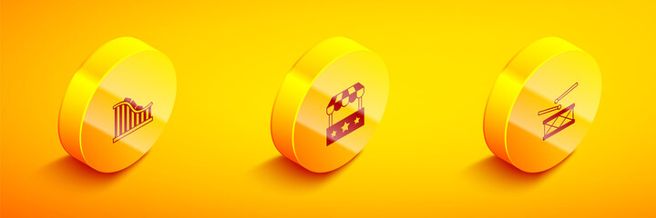 Sticker - Set Isometric Roller coaster, Ticket box office and Drum with drum sticks icon. Vector