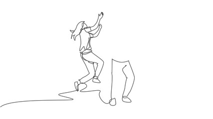 Poster - Self drawing animation of single line draw male and female so happy and jumping give high five gesture together. Business teamwork concept. Continuous line draw. Full length animated illustration.