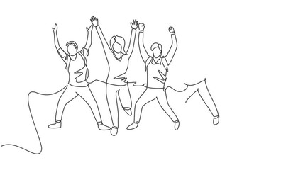 Poster - animation of one line drawing of male and female college student jumping to celebrate their final ex