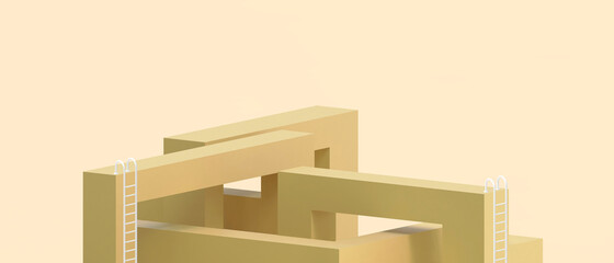 Poster - Minimal Geometric shapes futuristic Business concept for goals and obstacles on yellow. Puzzle game, banner, art work, website, digital -3d Rendering