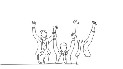 Poster - Self drawing animation of one single line draw male manager and assistant manager celebrating their success achieve the business target. Team work concept continuous line draw. Full length animated.