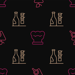 Set line Grapes, Bottle of wine and Chef hat on seamless pattern. Vector