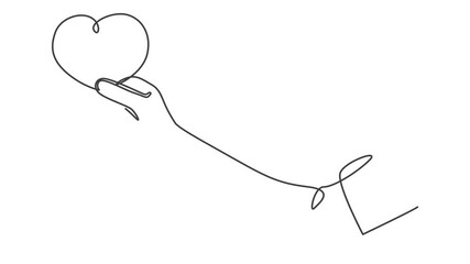 Poster - Animated self drawing of single continuous line draw young happy female hand holding cute heart shaped carton paper. Romantic marriage love concept. Full length one line animation illustration.