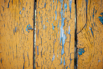 Poster - Wood texture with yellow flaked paint. Peeling paint on weathered wood. Old cracked paint pattern on rusty background. Chapped paint on an old wooden surface