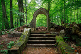 Fototapeta Konie - Abandoned old crypt in the middle of a forest in the Kaliningrad region