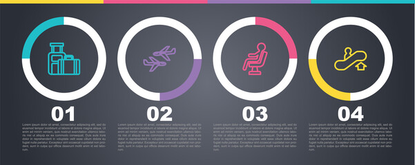 Set line Suitcase, Plane, Human waiting in airport terminal and Escalator up. Business infographic template. Vector