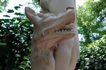 The sculpture of dog and goddess in the Summer Garden, Saint-Petersburg, Russia