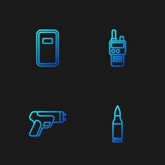 Sticker - Set line Bullet, Police electric shocker, assault shield and Walkie talkie. Gradient color icons. Vector