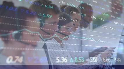 Poster - Animation of businesspeople wearing phone headsets with financial data processing