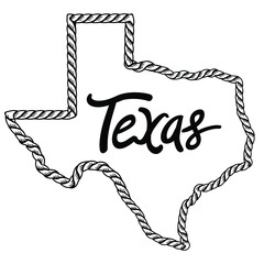 Texas map with lasso rope frame with symbol star isolated on white for design. Texas color sign symbol