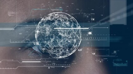 Poster - Animation of globe with network of connections and data processing over woman's face